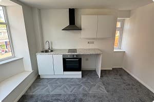 Completed kitchen with granite-effect worktop